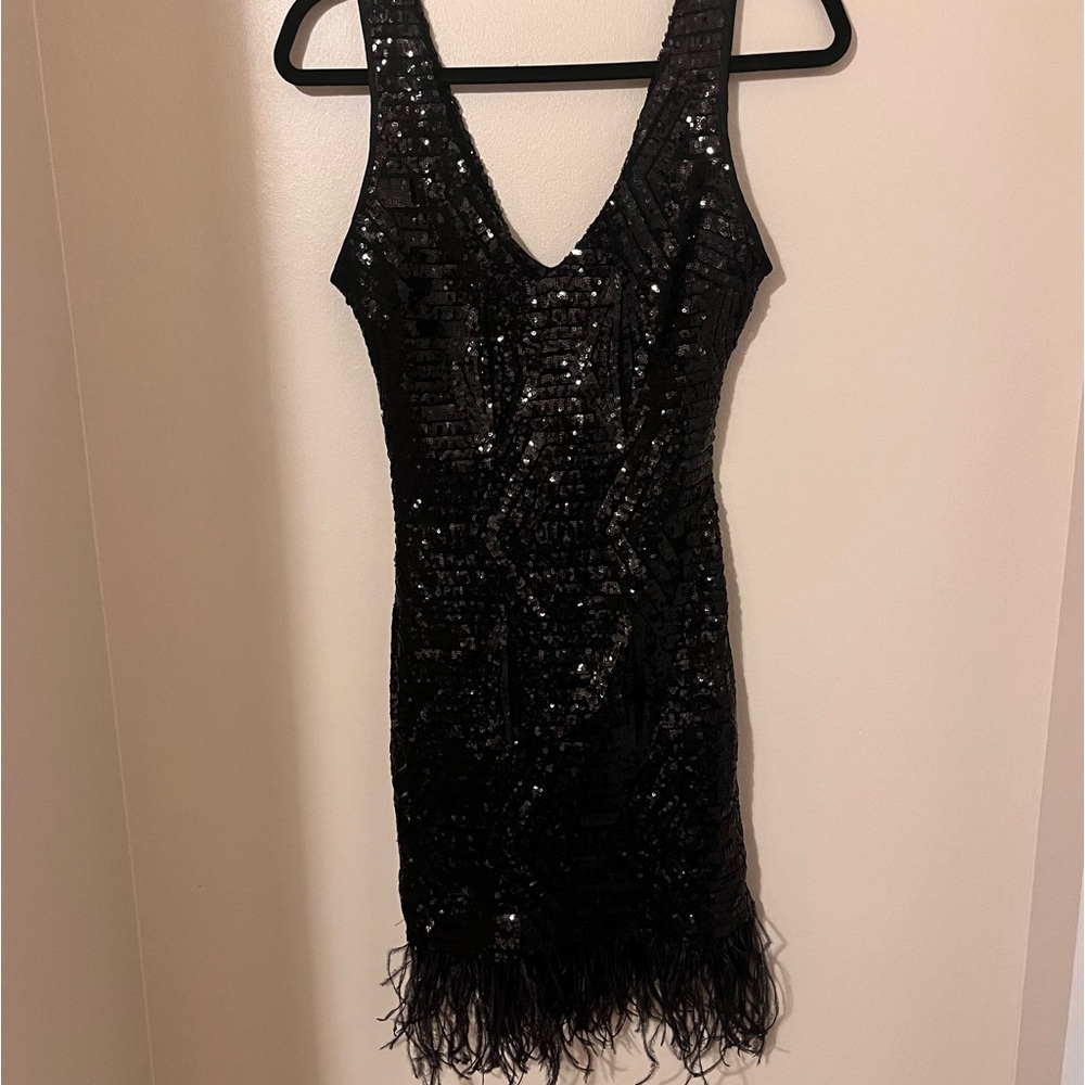 Sequin Feather Hem Dress - Picture 1 of 10